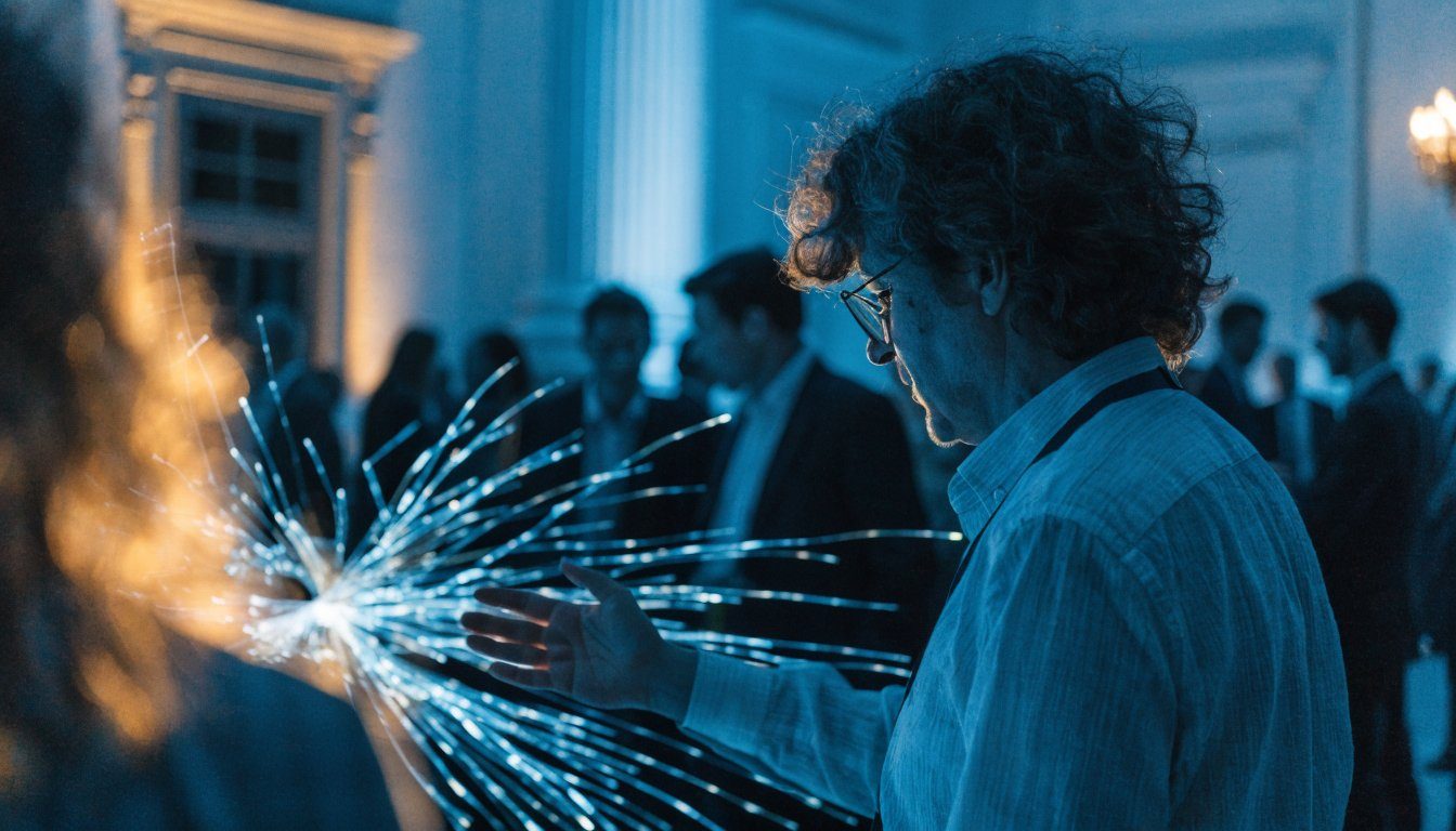 Fiber-optic AI installation in blue light at AI HORIZON